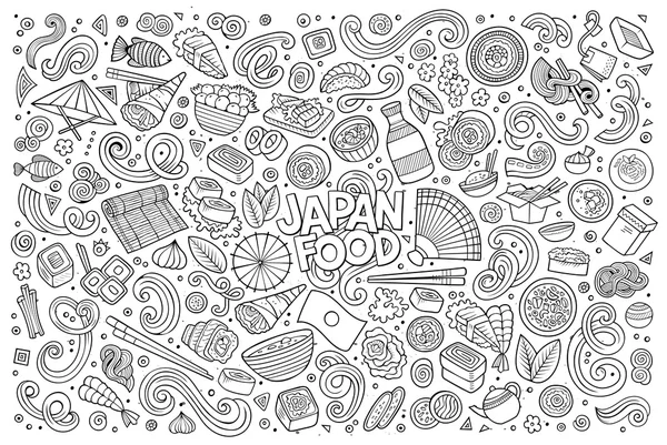 Línea de arte vector de dibujos animados conjunto de Japón alimentos objetos — Vector de stock