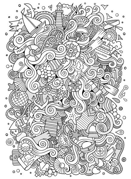 Χέρι-που καρτούν doodles ναυτικός, θαλάσσια εικονογράφηση — Διανυσματικό Αρχείο