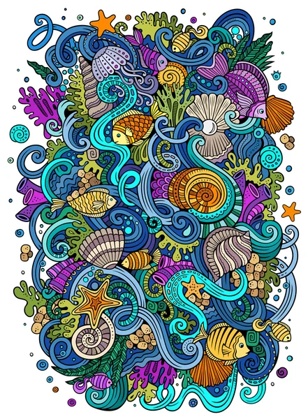 Dibujos animados dibujados a mano garabatos Vida submarina ilustración — Vector de stock