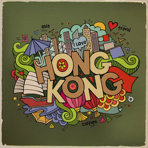 Hong kong hand belettering en doodles elementen achtergrond — Stockvector