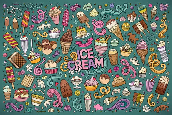 Colorido vector dibujado a mano doodle conjunto de dibujos animados de helado objec — Archivo Imágenes Vectoriales