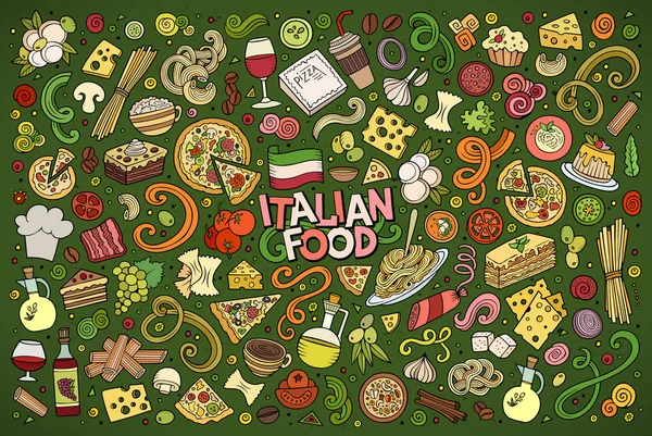 Colorido vector dibujado a mano doodle conjunto de dibujos animados de la comida italiana ob — Vector de stock