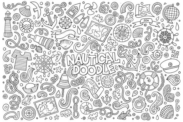 Conjunto de desenhos animados Vector Doodle objetos náuticos e símbolos — Vetor de Stock