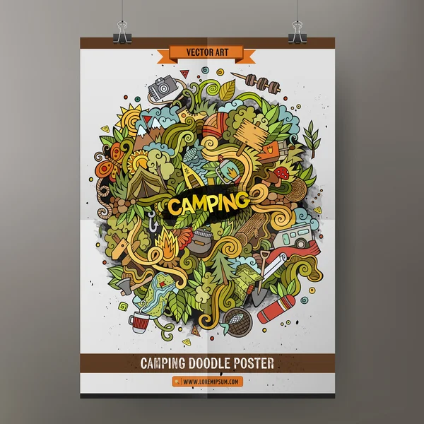 Desenhos animados vetor desenhado à mão acampamento doodle cartaz —  Vetores de Stock