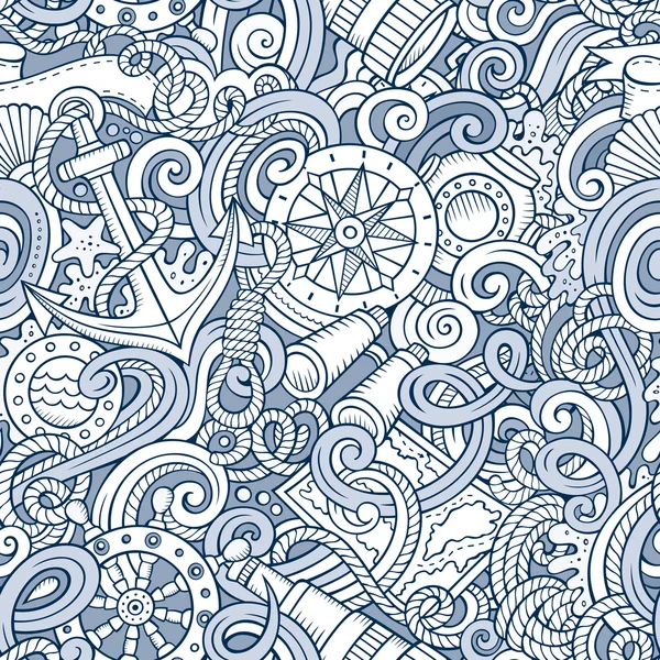 Cartoon hand-drawn nautical doodles seamless pattern — Stock Vector