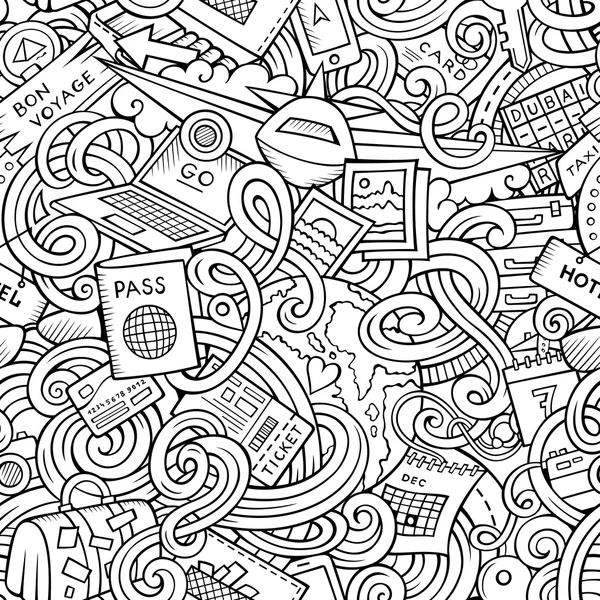 Desenhos animados doodles viagem planejamento padrão sem costura — Vetor de Stock