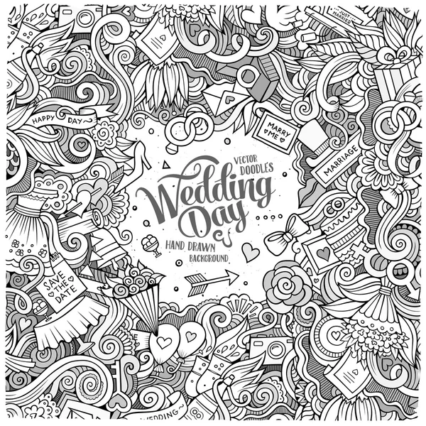 Κινουμένων σχεδίων χαριτωμένο doodles πλαίσιο γαμήλιων — Διανυσματικό Αρχείο