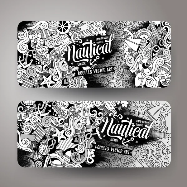 Cartoon line art vektor handritade Marina nautiska banners — Stock vektor