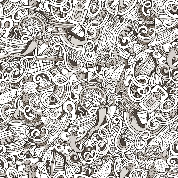 Caricature mexicaine gribouillis alimentaires motif sans couture — Image vectorielle