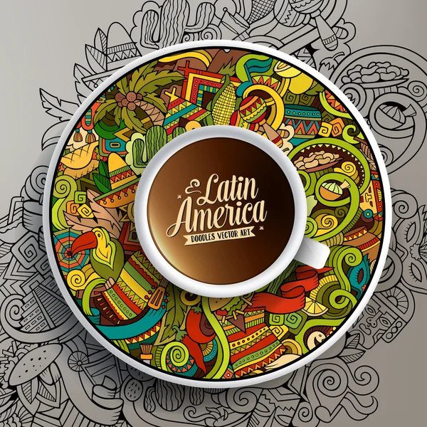 コーヒーと手描きのラテンアメリカのテーマのカップ — ストックベクタ
