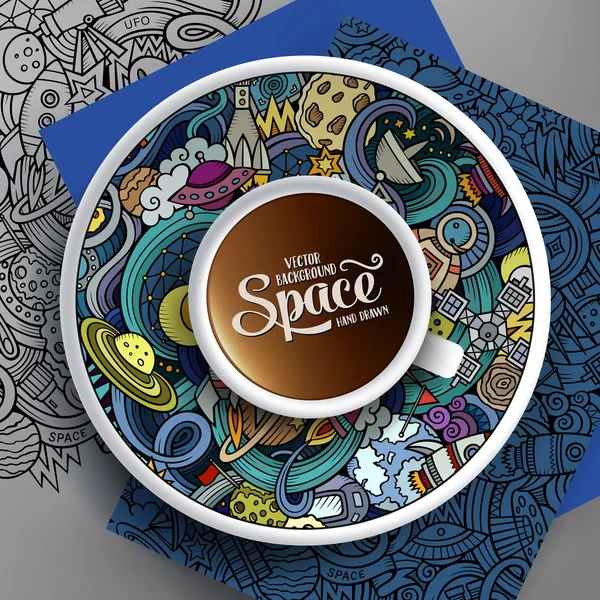 Cup of coffee and hand drawn space doodle — Stock Vector