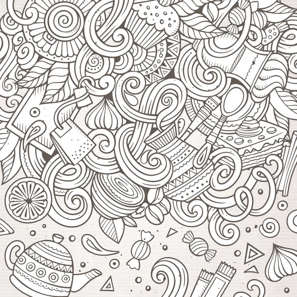 Desenhos animados rabiscos desenhados à mão de café, fundo do café —  Vetores de Stock