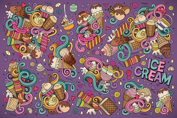 Conjunto de desenhos animados vetoriais coloridos de objetos de sorvete — Vetor de Stock