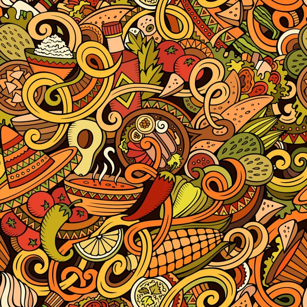Cartoon Mexicaans eten doodles naadloze patroon — Stockvector