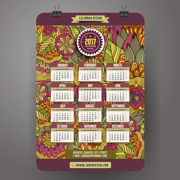 Cartoon doodles floral 2017 year calendar — Stock Vector