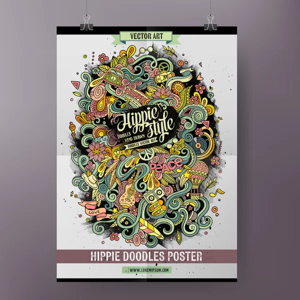 Desenhos animados mão colorido desenhado doodles hippie cartaz —  Vetores de Stock