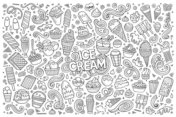 Línea de arte vector de dibujos animados conjunto de objetos de helado — Archivo Imágenes Vectoriales