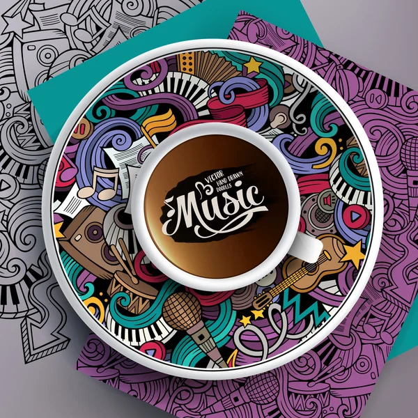 Illustration vectorielle avec une tasse de café et des griffes musicales — Image vectorielle