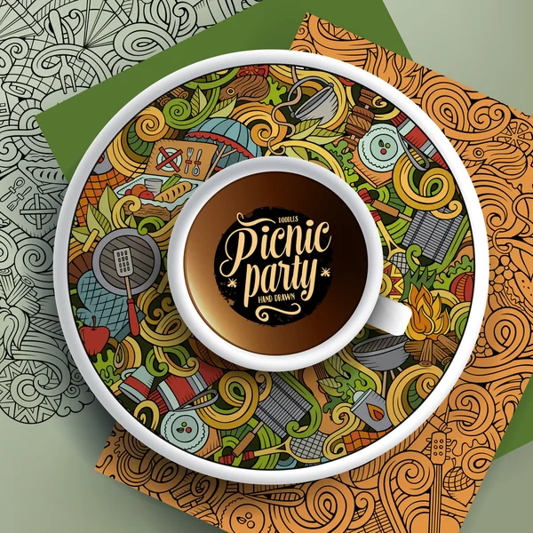 Xícara de café e doodles de piquenique desenhados à mão —  Vetores de Stock