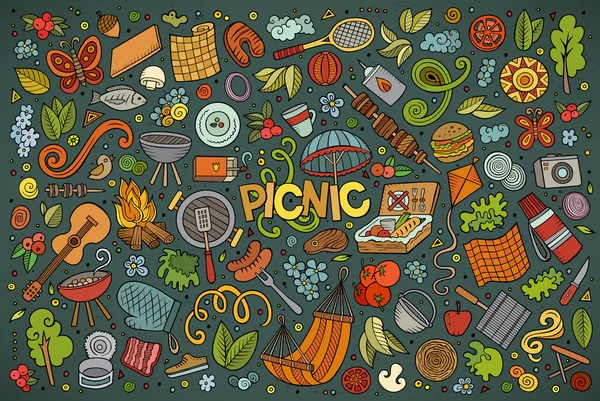 Piknik nesneleri Doodle karikatür seti — Stok Vektör