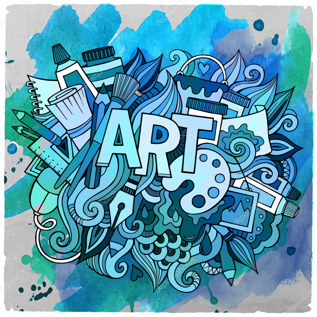 Cartoon vector hand drawn Doodle Art illustration. Watercolor detailed design background with objects and symbols