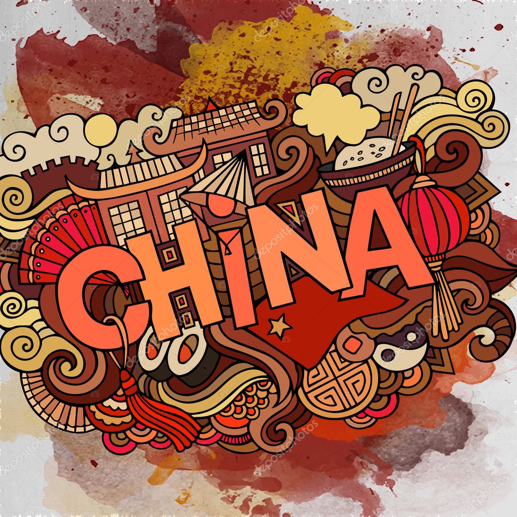 Cartoon vector hand drawn doodle China illustration. Watercolor detailed design background with objects and symbols