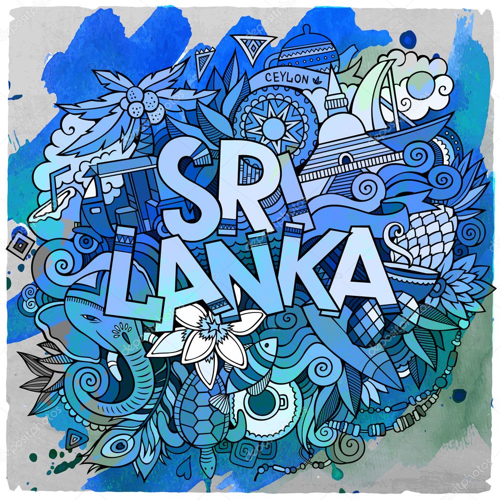 Cartoon vector hand drawn doodle Sri Lanka illustration. Watercolor detailed design background with objects and symbols