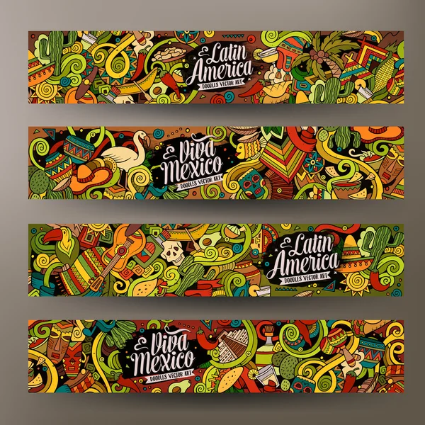 Cartoon handgetekende doodles Latijns-Amerikaanse banners — Stockvector