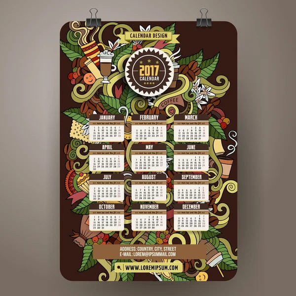 Desenhos animados doodles Café 2017 calendário — Vetor de Stock