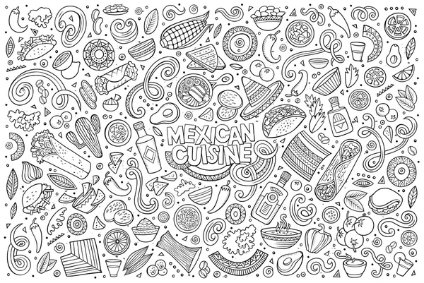 Doodle sada kreslených objektů mexické jídlo — Stockový vektor