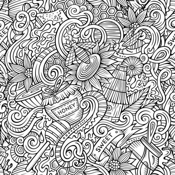 Dessin animé gribouillis mignon dessin à la main Miel motif sans couture — Image vectorielle