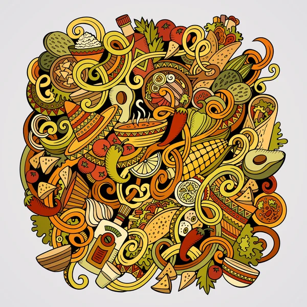 Desenhos animados doodles bonito comida mexicana ilustração —  Vetores de Stock