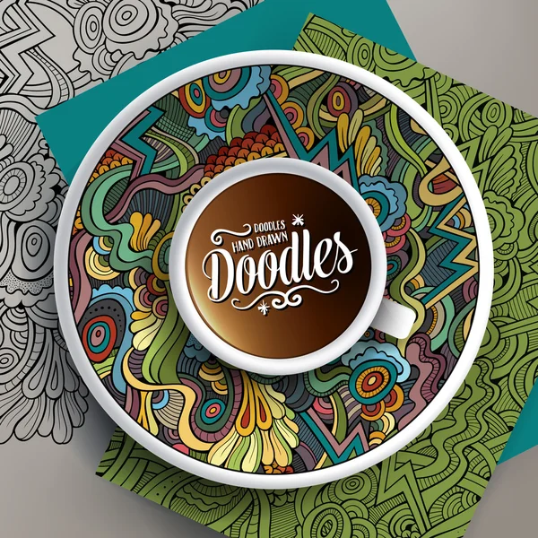 Tasse Kaffee und handgezeichnete abstrakte Doodles — Stockvektor