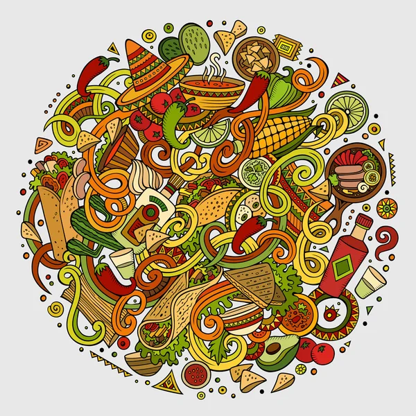 Desenhos animados doodles bonito comida mexicana ilustração — Vetor de Stock