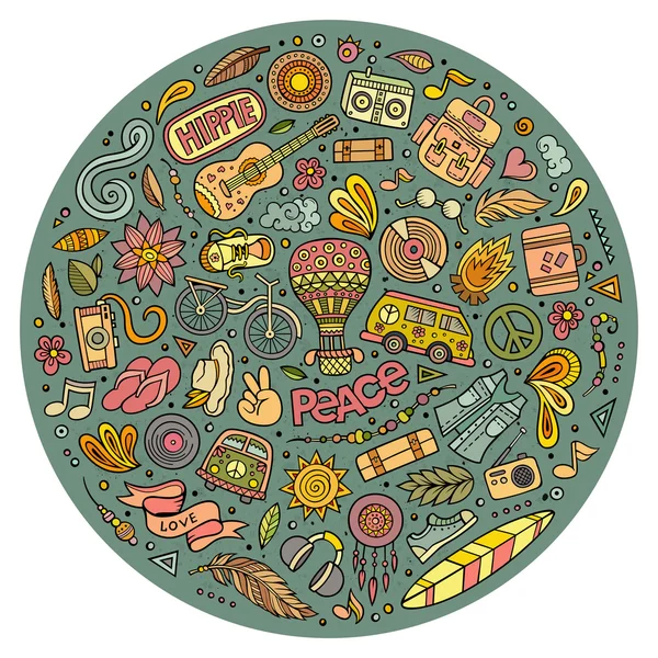 Set di oggetti doodle dei cartoni animati hippy — Vettoriale Stock