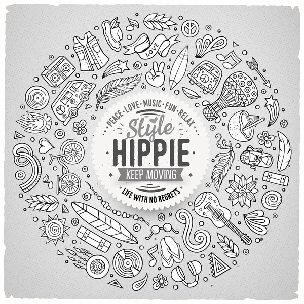 Conjunto de Hippie dibujos animados doodle objetos, símbolos y elementos — Archivo Imágenes Vectoriales