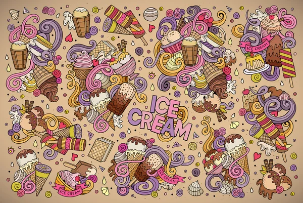 Colorido vector doodle conjunto de dibujos animados de los objetos de helado — Archivo Imágenes Vectoriales