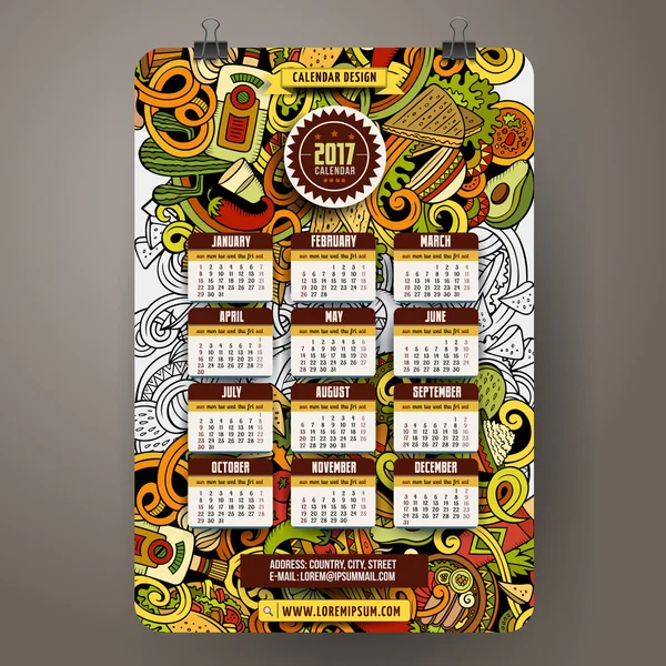 Dibujos animados garabatos comida mexicana 2017 año calendario plantilla — Vector de stock