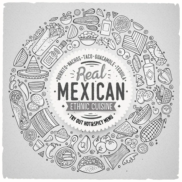 Conjunto de comida mexicana desenhos animados doodle objetos, símbolos e itens —  Vetores de Stock