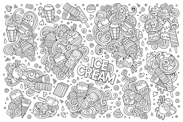 Línea de arte vector de dibujos animados conjunto de objetos de helado — Archivo Imágenes Vectoriales