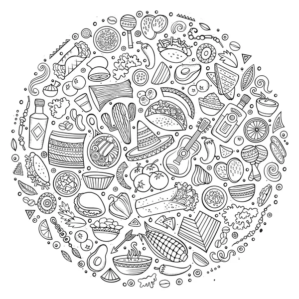 Conjunto de comida mexicana desenhos animados doodle objetos, símbolos e itens —  Vetores de Stock