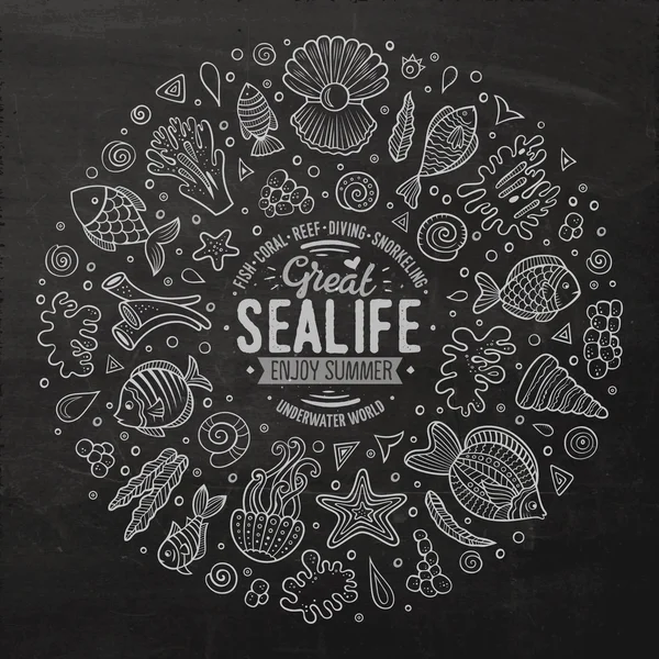 Zestaw Sealife kreskówka doodle obiekty, symbole i elementów — Wektor stockowy