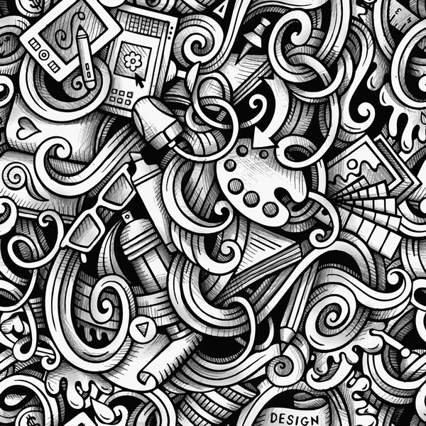 Cartoon hand-drawn doodles Design and Art seamless pattern — Stock Vector
