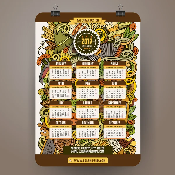 Cartone animato colorato disegnato a mano scarabocchi Octoberfest 2017 modello di calendario anno — Vettoriale Stock
