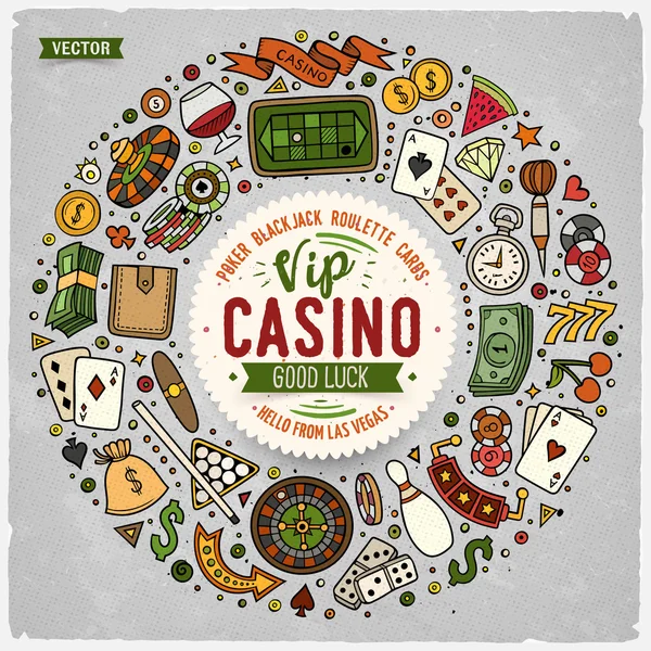 Conjunto de Casino dibujos animados doodle objetos, símbolos y elementos — Archivo Imágenes Vectoriales