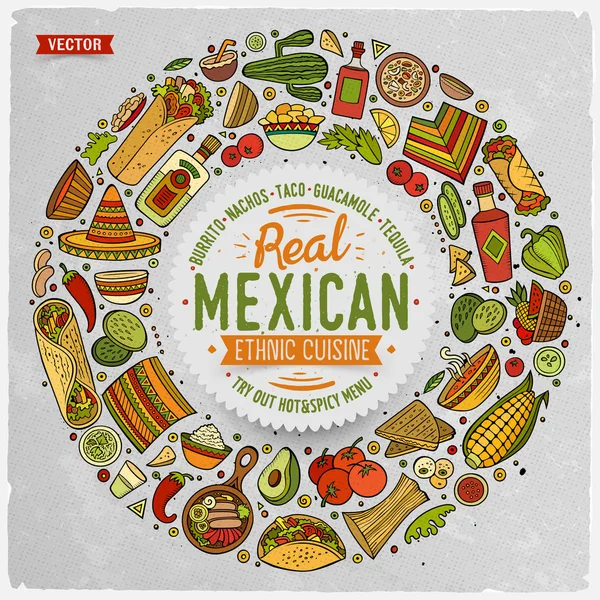 Σετ μεξικάνικων τροφίμων γελοιογραφία αντικείμενα, σύμβολα και αντικείμενα — Διανυσματικό Αρχείο