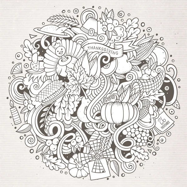 Dessin animé mignon gribouillis dessin à la main illustration de Thanksgiving — Image vectorielle