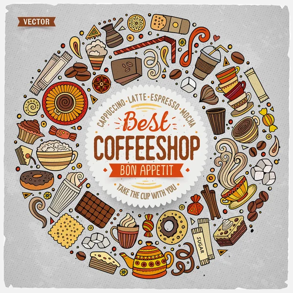 Conjunto de café desenhos animados doodle objetos, símbolos e itens — Vetor de Stock