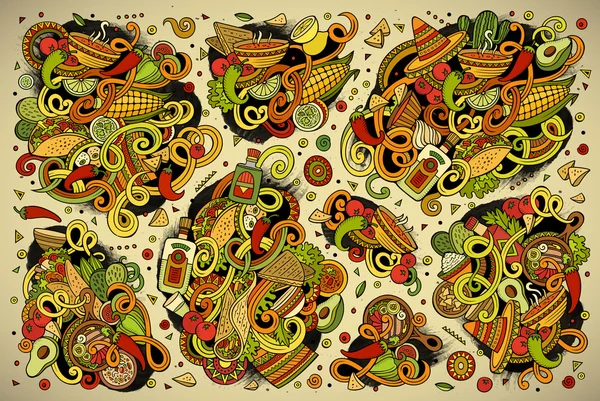 Doodle мультфільм набору об'єктів мексиканської кухні — стоковий вектор