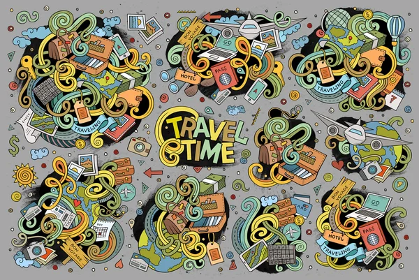 Vector doodle conjunto de dibujos animados de artículos temáticos de viaje — Archivo Imágenes Vectoriales